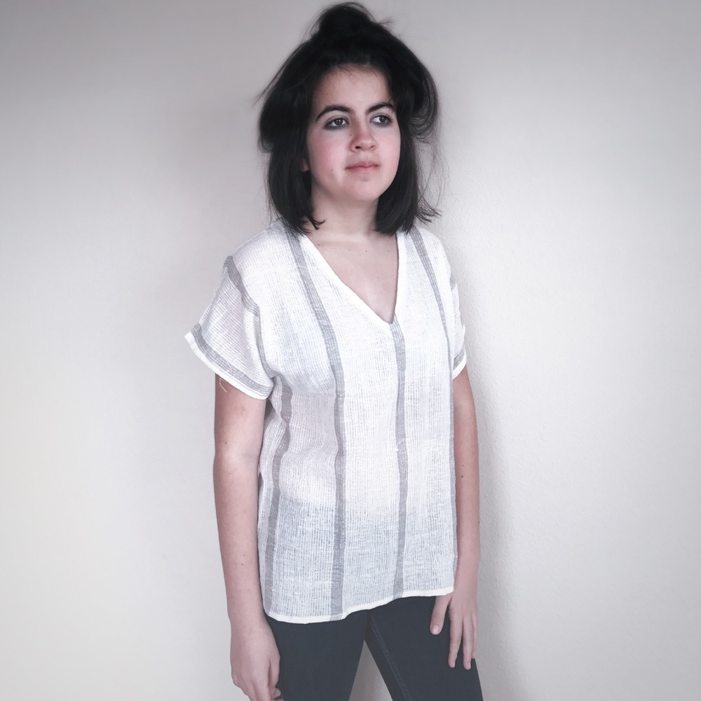 Vtg 70s Blouse V Neck Short Sleeves Cotton Gauza